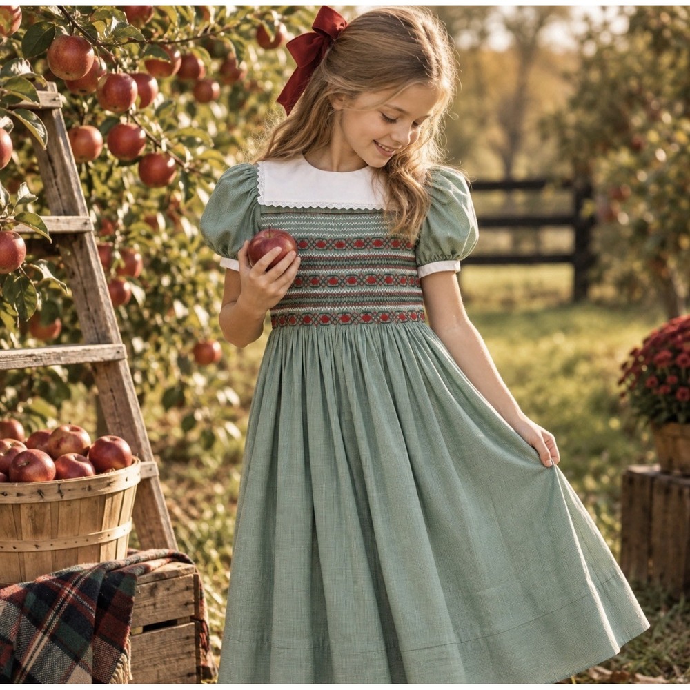 Handmade Hand-Smocked Apple Dress Girls Size 10/12 Green Long Dress Gingham Lace